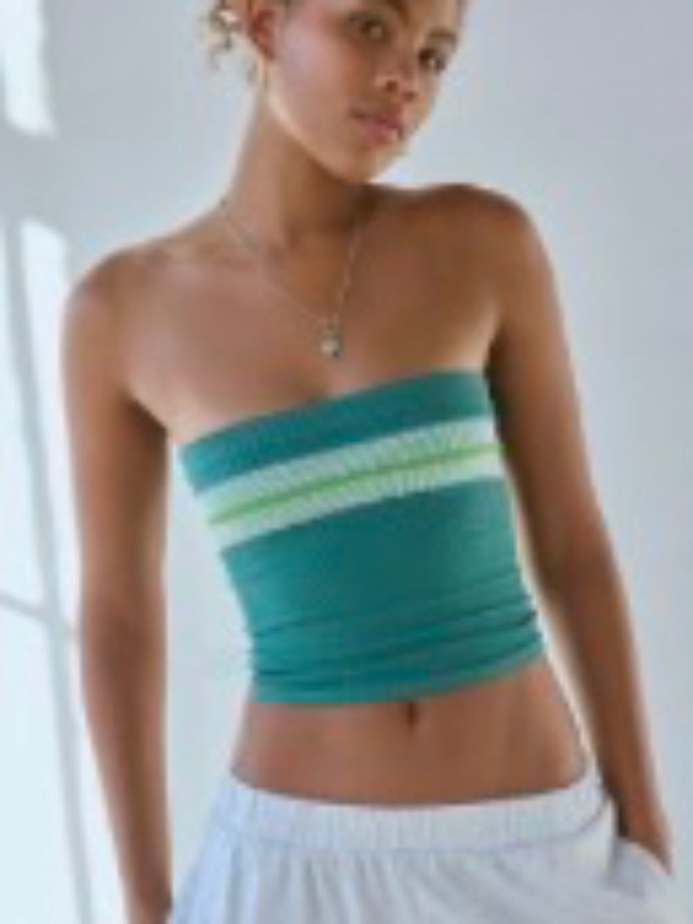 Seamless Teal Strapless Tube Top with Contrast Stripes